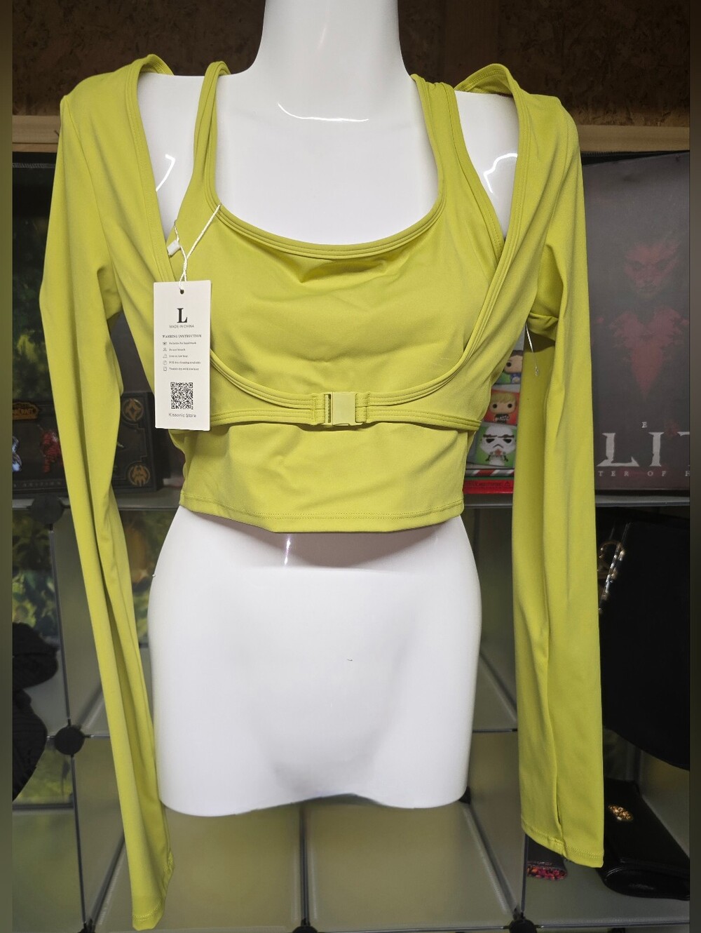 #90 Amazon Lime Green Long-Sleeve Cropped Active Top with Built-In Tank